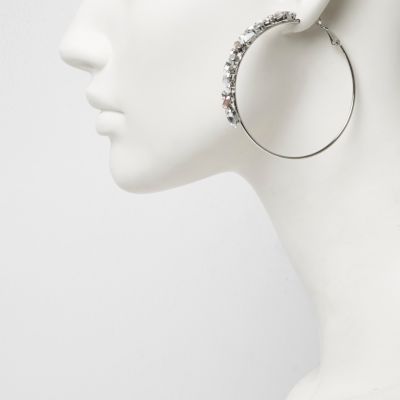 White diamante gem hoop earrings